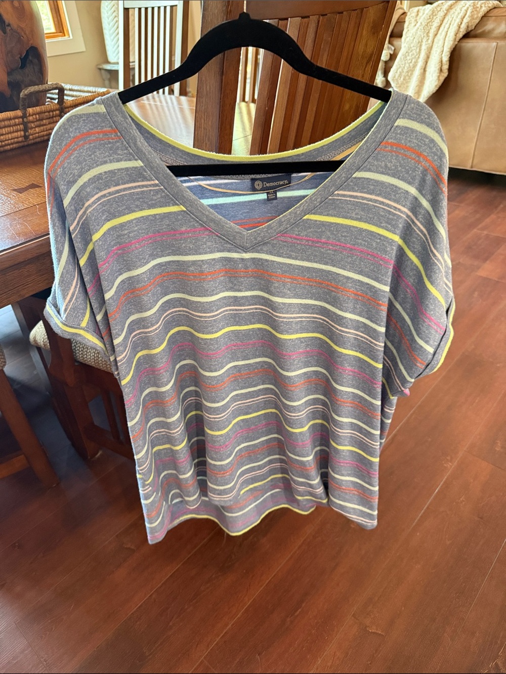 Democracy Blue V-Neck Top with Pink, Yellow & Orange Stripes